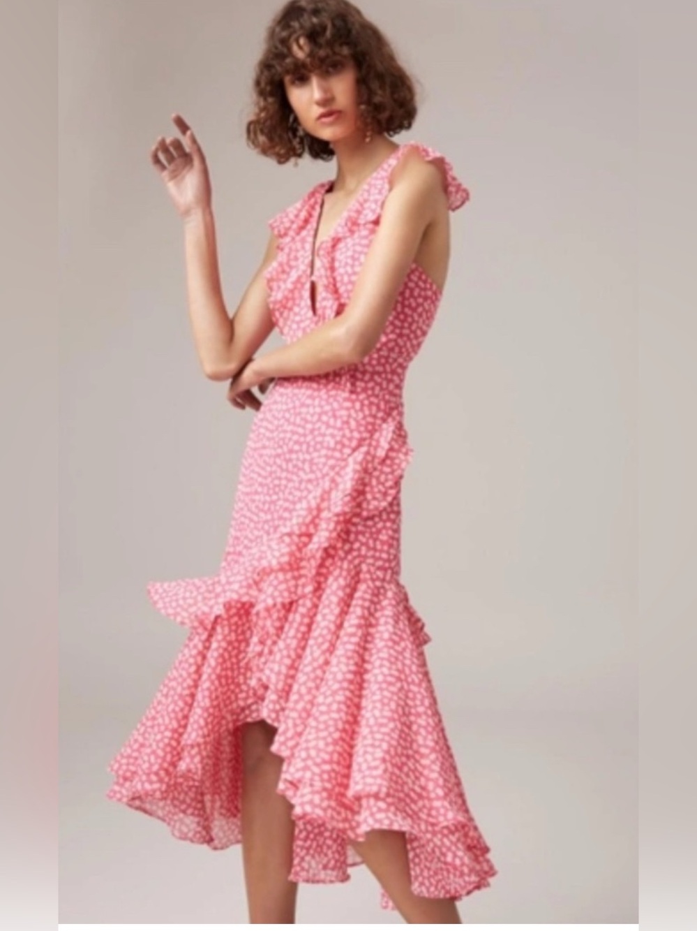 C/MEO Collective Pink Ditsy Floral Asymmetric Ruffled Midi Dress